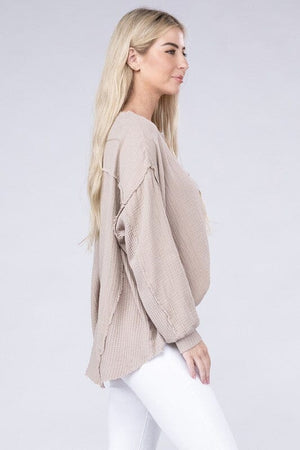 Double Gauze Oversized 3/4 Button Henley Neck Top ZENANA 