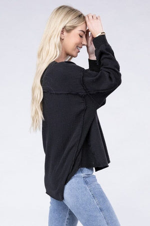 Double Gauze Oversized 3/4 Button Henley Neck Top ZENANA 