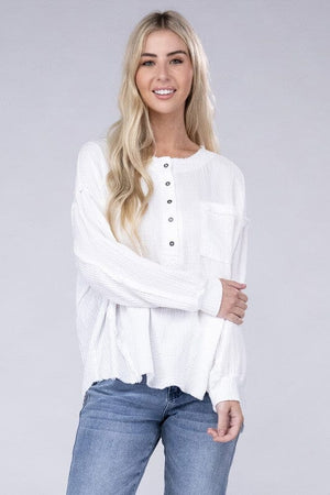 Double Gauze Oversized 3/4 Button Henley Neck Top ZENANA 