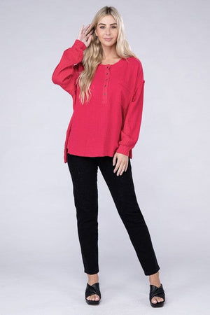 Double Gauze Oversized 3/4 Button Henley Neck Top ZENANA 