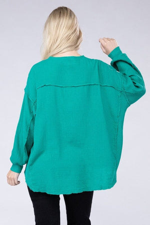 Double Gauze Oversized 3/4 Button Henley Neck Top ZENANA 