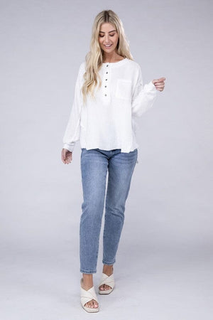 Double Gauze Oversized 3/4 Button Henley Neck Top ZENANA 