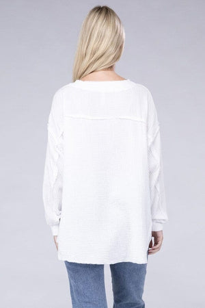 Double Gauze Oversized 3/4 Button Henley Neck Top ZENANA 