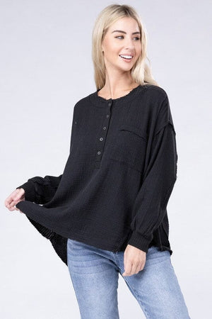 Double Gauze Oversized 3/4 Button Henley Neck Top ZENANA BLACK S/M 