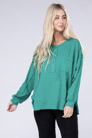 Double Gauze Oversized 3/4 Button Henley Neck Top ZENANA K GREEN S/M 