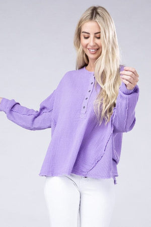 Double Gauze Oversized 3/4 Button Henley Neck Top ZENANA LAVENDER S/M 