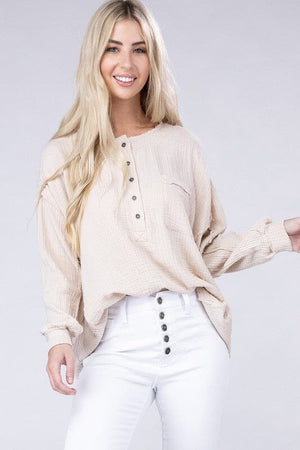 Double Gauze Oversized 3/4 Button Henley Neck Top ZENANA SAND BEIGE S/M 