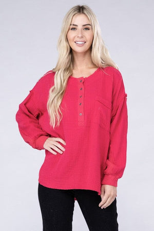 Double Gauze Oversized 3/4 Button Henley Neck Top ZENANA VIVA MAGENTA S/M 