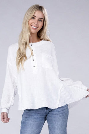 Double Gauze Oversized 3/4 Button Henley Neck Top ZENANA WHITE S/M 