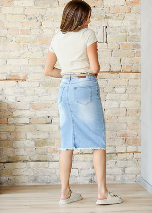Drew Raw Hem Midi Denim Skirt