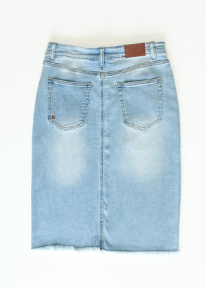 Drew Raw Hem Midi Denim Skirt