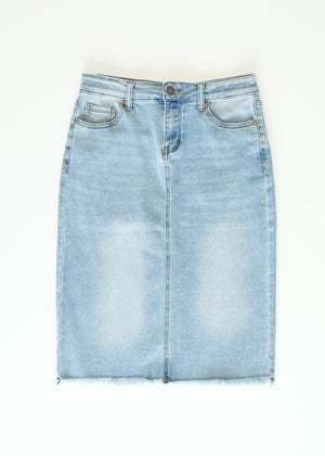 Drew Raw Hem Midi Denim Skirt
