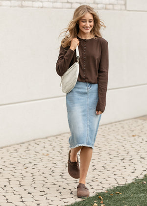Drew Raw Hem Midi Denim Skirt
