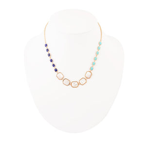 Dual Color Blue Lapis Turquoise and White Mother of Pearl Golden Necklace