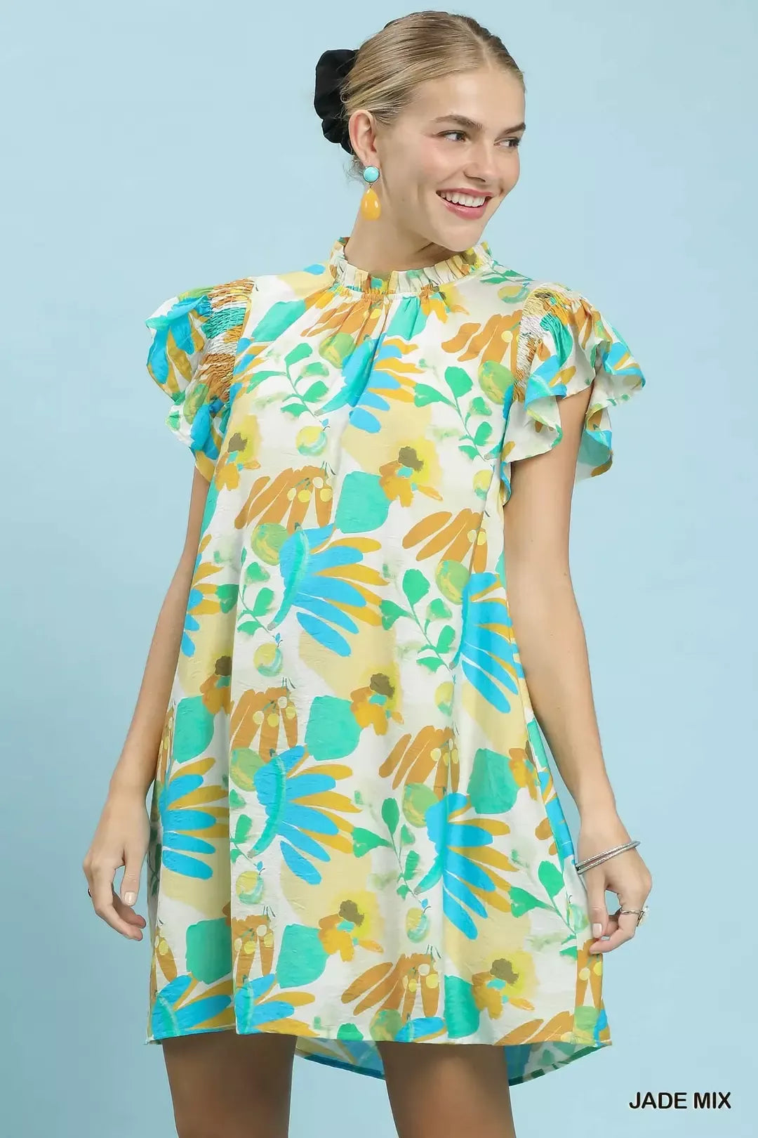 mixed print mini dress Ruffled Botanical Print Mini Dress