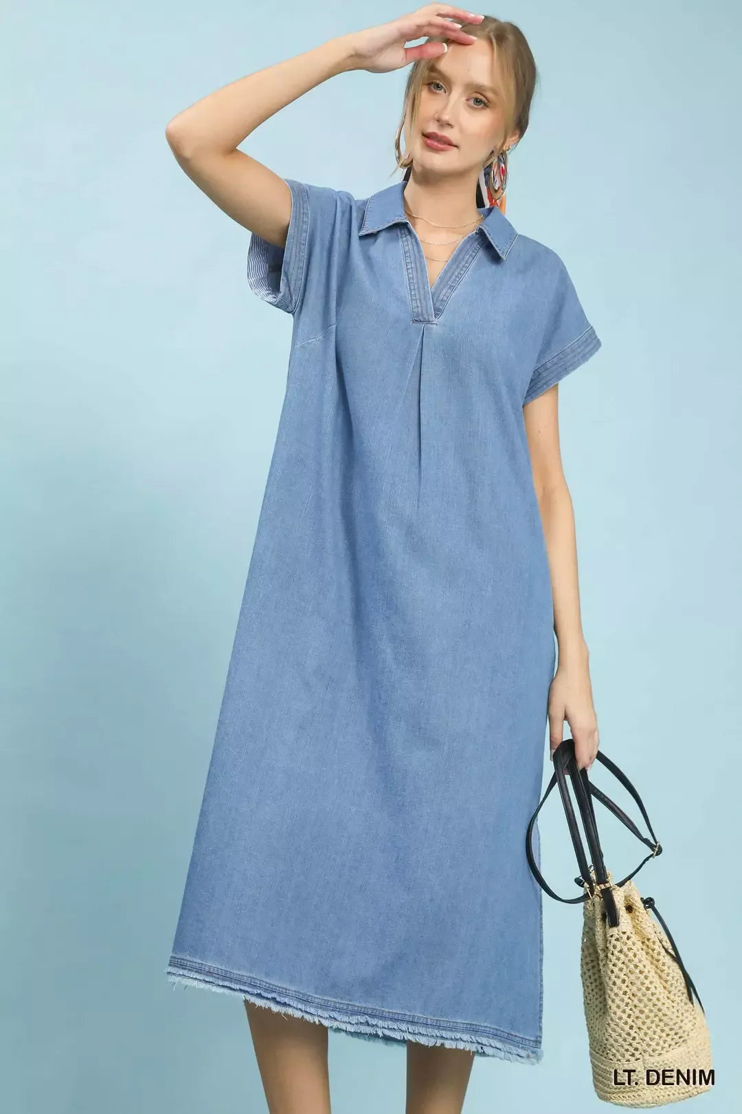 Umgee Stone Washed Collared Denim Midi Dress LT. Denim / M