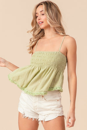 Fringed Hem Smocked Cami - Sage Green