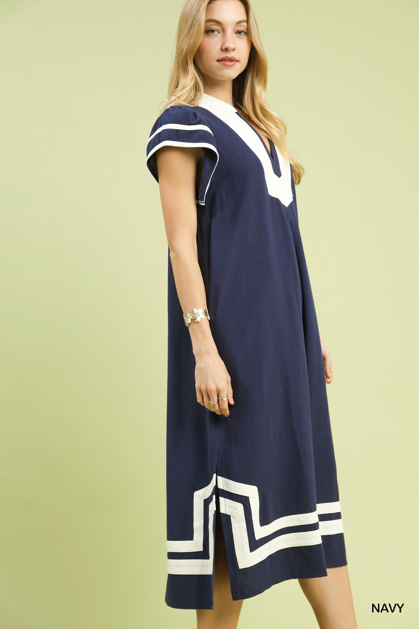 white christmas dresses Linen Cotton Contrast Neckline Midi Dress