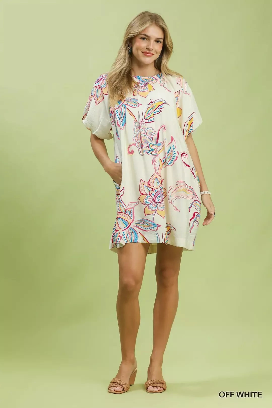 Boho Floral Print Mini Dress with Pockets OFF White / S Boho Floral Print Mini Dress with Pockets OFF White / S