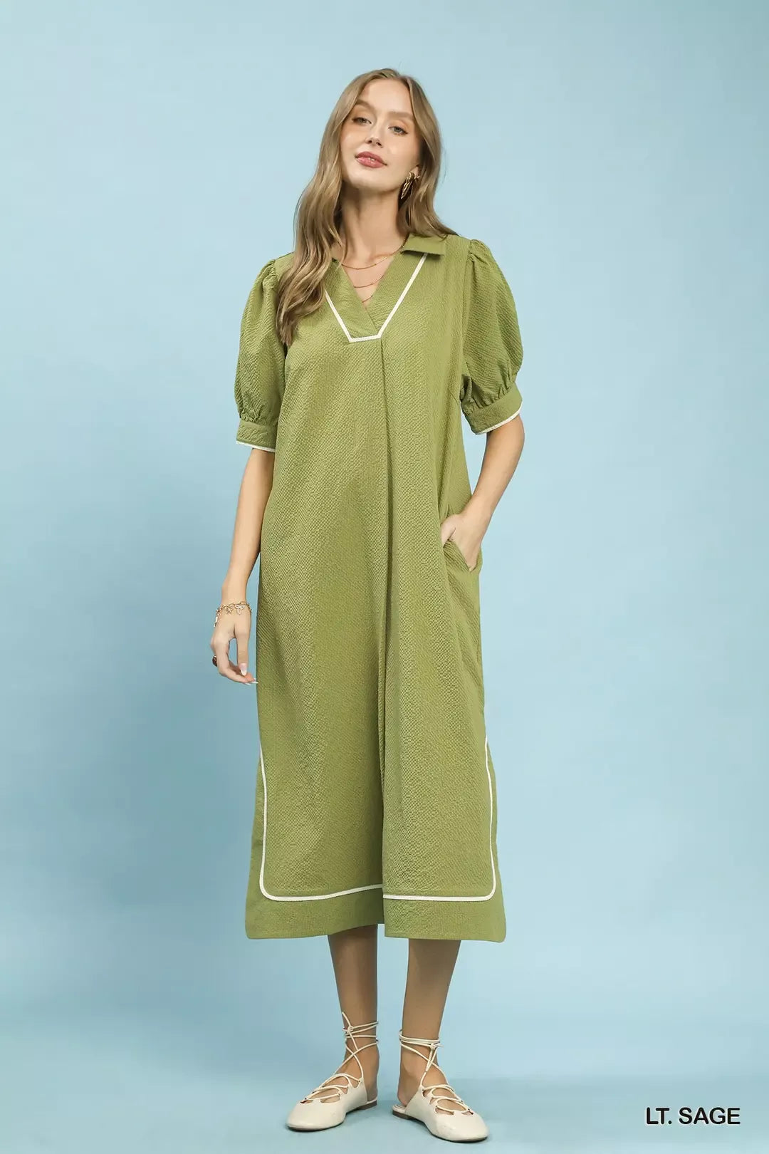 Seersucker Midi Dress with Contrast Trim LT. SAGE / M