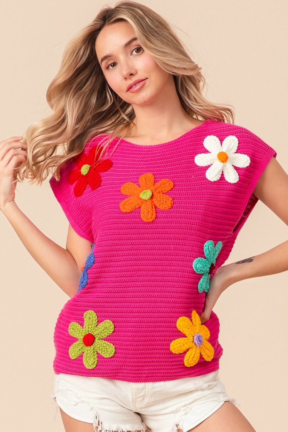 Flower Accent Knit Top - Fuchsia Pink