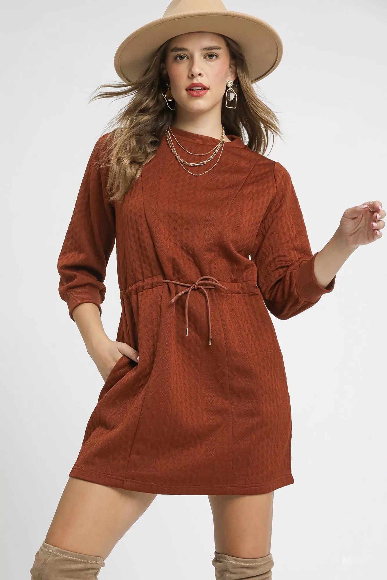 Umgee Drawstring Cable Knit Mini Dress with Pockets Rust / Xs