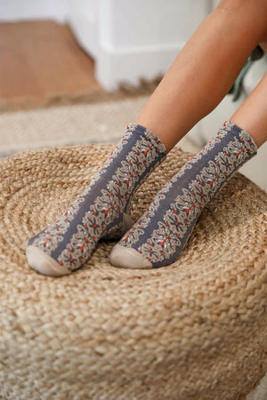 Embroidered Flower Pattern Socks Socks Leto Collection Beige 
