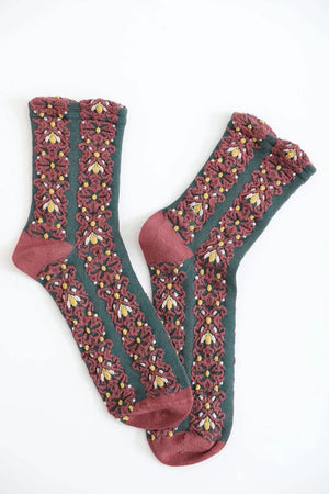 Embroidered Flower Pattern Socks Socks Leto Collection Maroon 