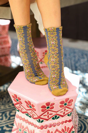 Embroidered Flower Pattern Socks Socks Leto Collection Mustard 