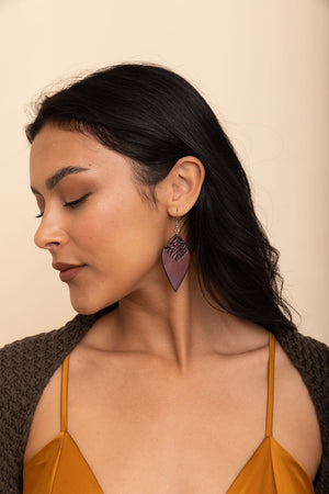 Engraved Leaf Leather Earrings Jewelry Leto Collection Brown 