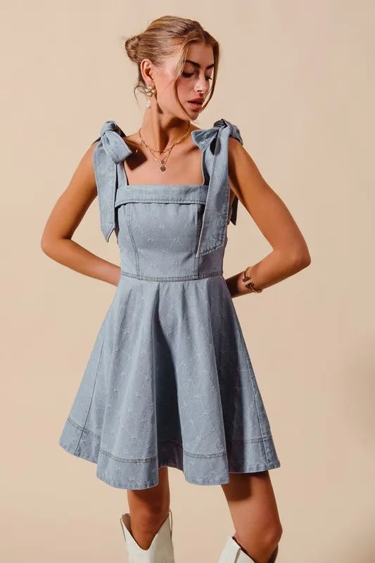 A-Line Fit and Flare Diamond Bow Ribbon Denim Dress