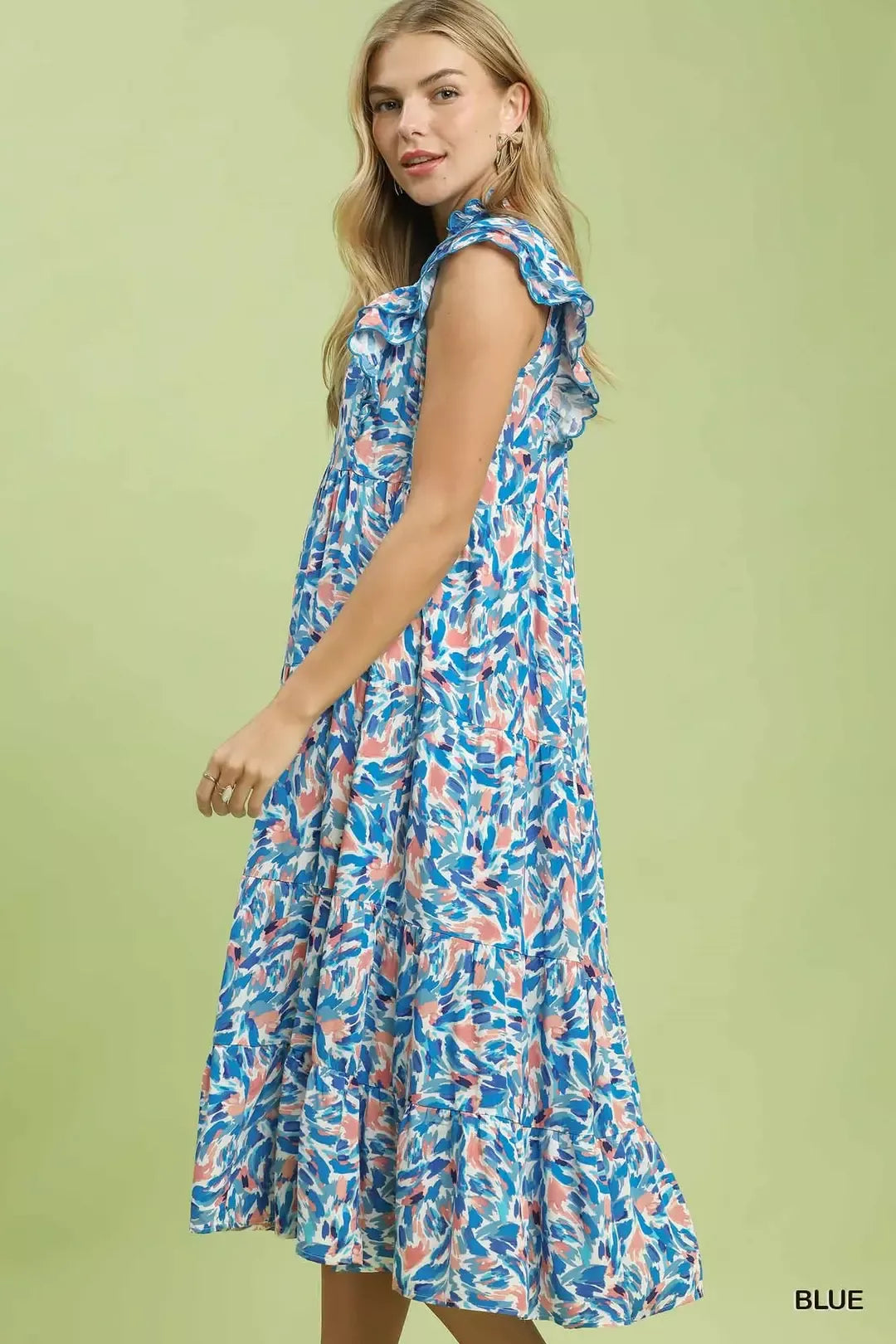 Leaf Print Midi Tiered Dress with Side Pockets