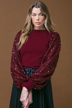 Sequin Puff Sleeve Sweater - Green or Burgundy