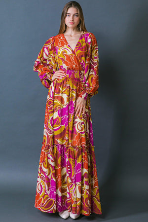 Long Sleeve Printed Woven Maxi Dress