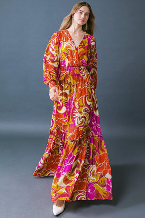 Long Sleeve Printed Woven Maxi Dress