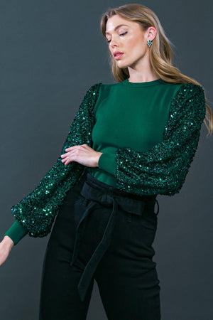 Sequin Puff Sleeve Sweater - Green or Burgundy