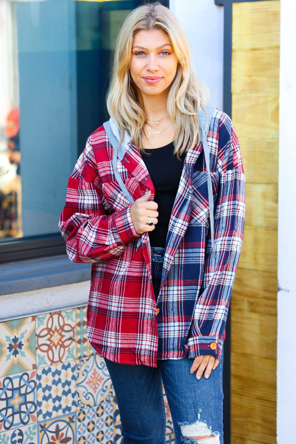 Face the Day Red/Navy Plaid Color Block Hoodie Shacket Haptics 