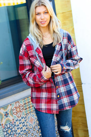 Face the Day Red/Navy Plaid Color Block Hoodie Shacket Haptics 