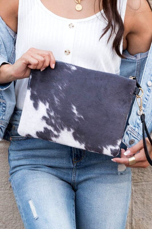 Faux Fur Cow Animal Print Clutch Aili's Corner Black OneSize 