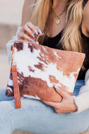 Faux Fur Cow Animal Print Clutch Aili's Corner Brown OneSize 