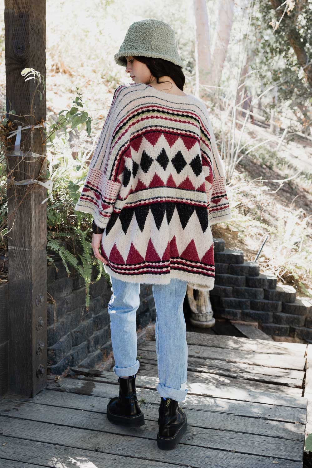 Faux Hair Aztec Pocket Ruana Ponchos One Size / Berry