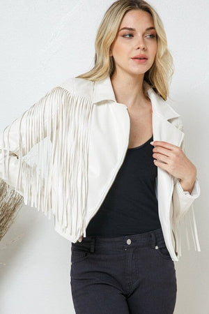 Faux Leather Moto Fringe Jacket Blue B 