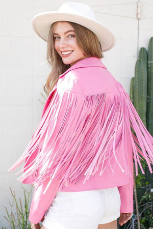 Faux Leather Moto Fringe Jacket Blue B 