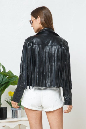 Faux Leather Moto Fringe Jacket Blue B 