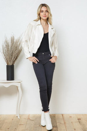 Faux Leather Moto Fringe Jacket Blue B 