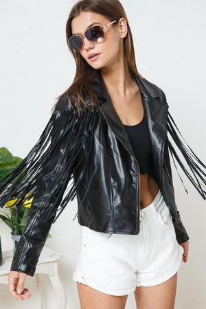 Faux Leather Moto Fringe Jacket Blue B Black S. 