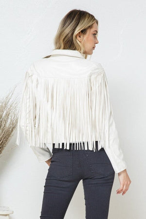 Faux Leather Moto Fringe Jacket Blue B White S. 