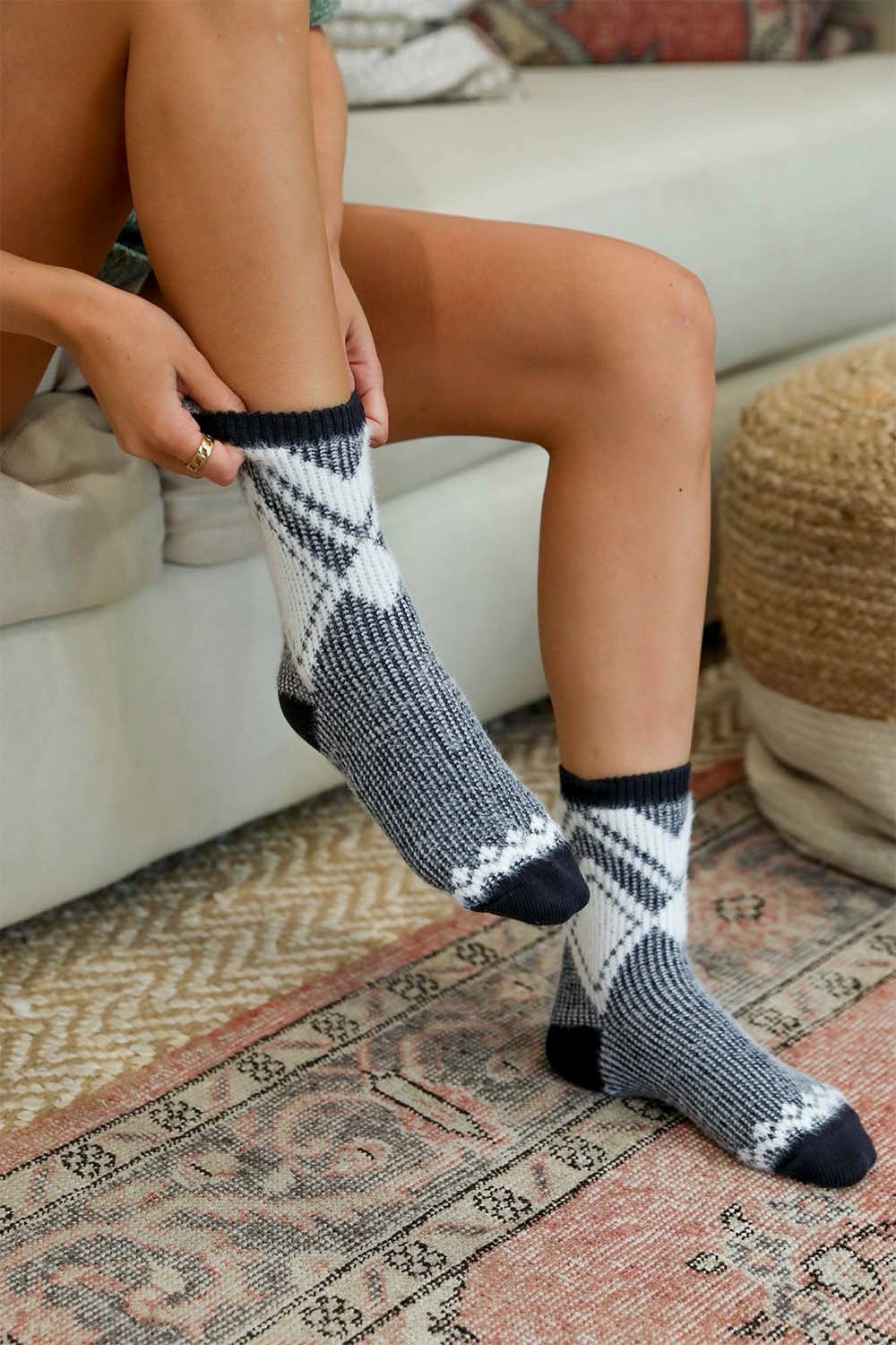 Faux Mohair Diamond Pattern Socks Black