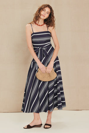 Sweet Escape Stripe Woven Midi Dress - Navy or Tomato Red
