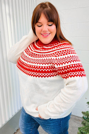 Feeling Festive Ivory & Red Fair Isle Mock Neck Sweater Haptics 